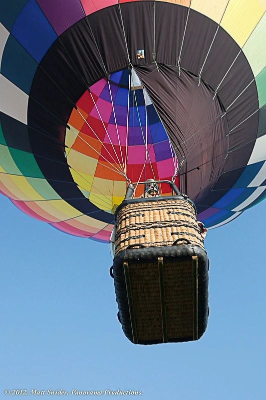 Colorful hot air balloon basket from below